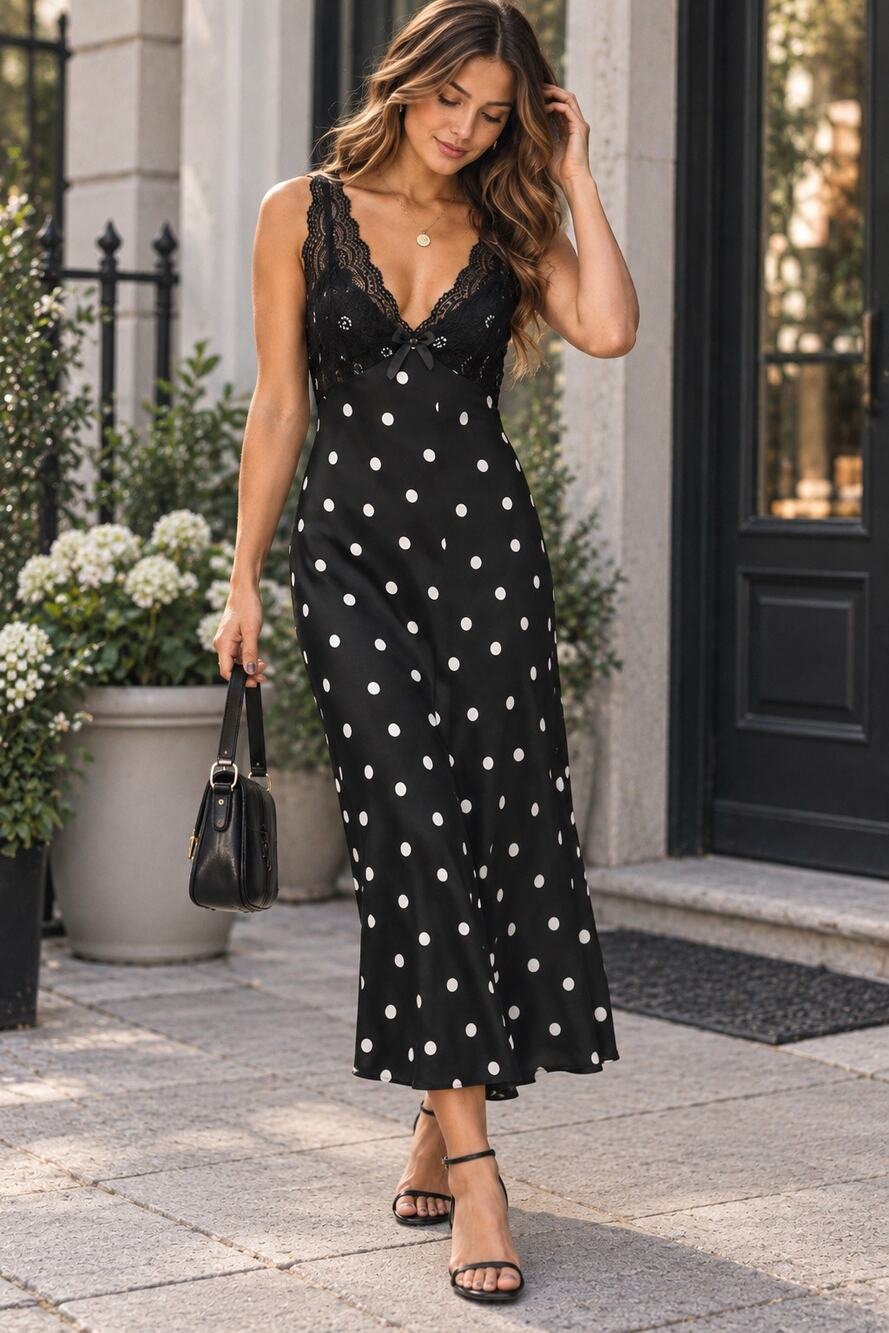 Trixxi Y2K Babydoll Black Polka Dot Midi Dress XL Lace Bow Retro Coquette Pinup